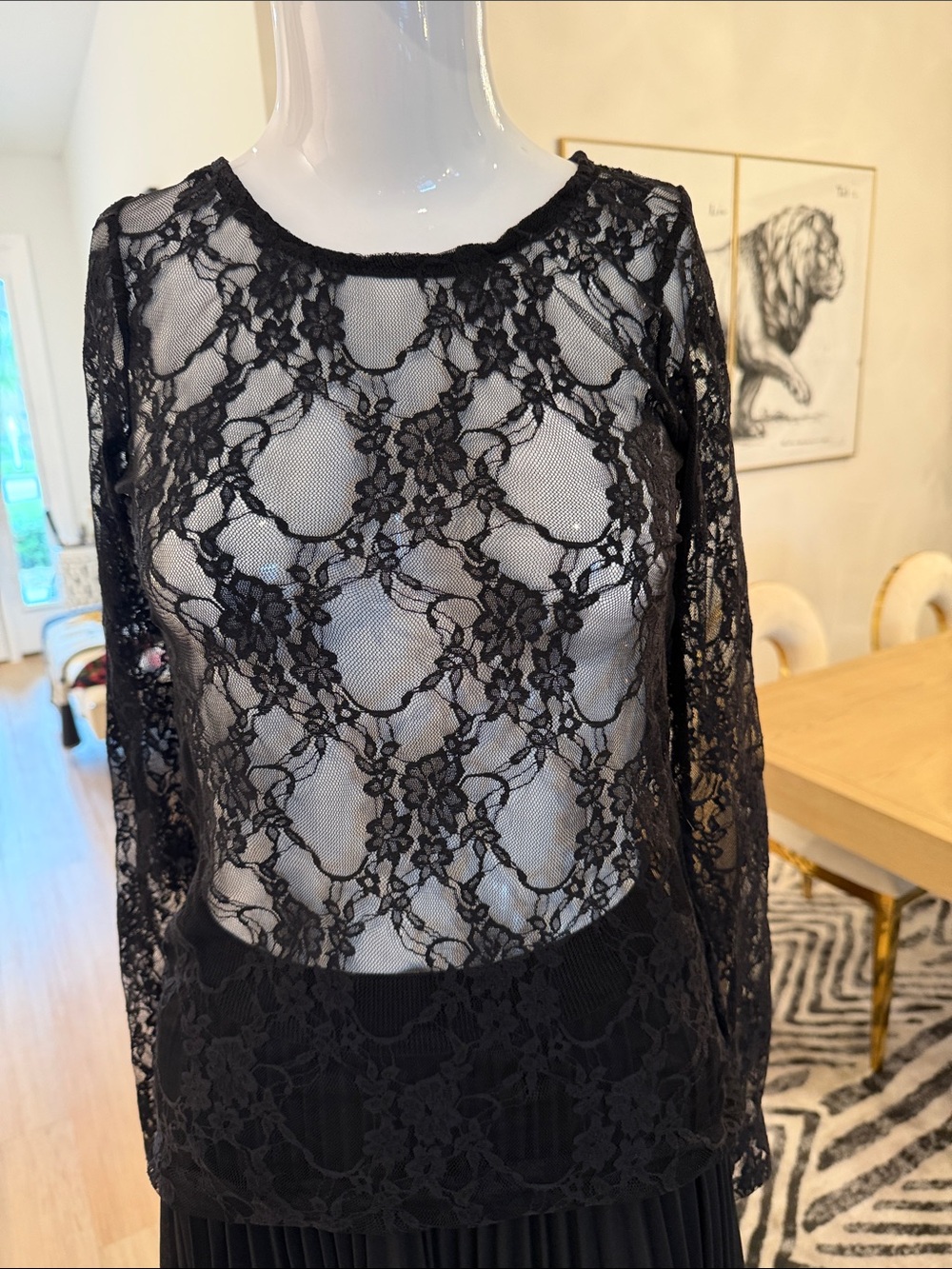Black Lace Long-Sleeve Sheer Women's Dress Top